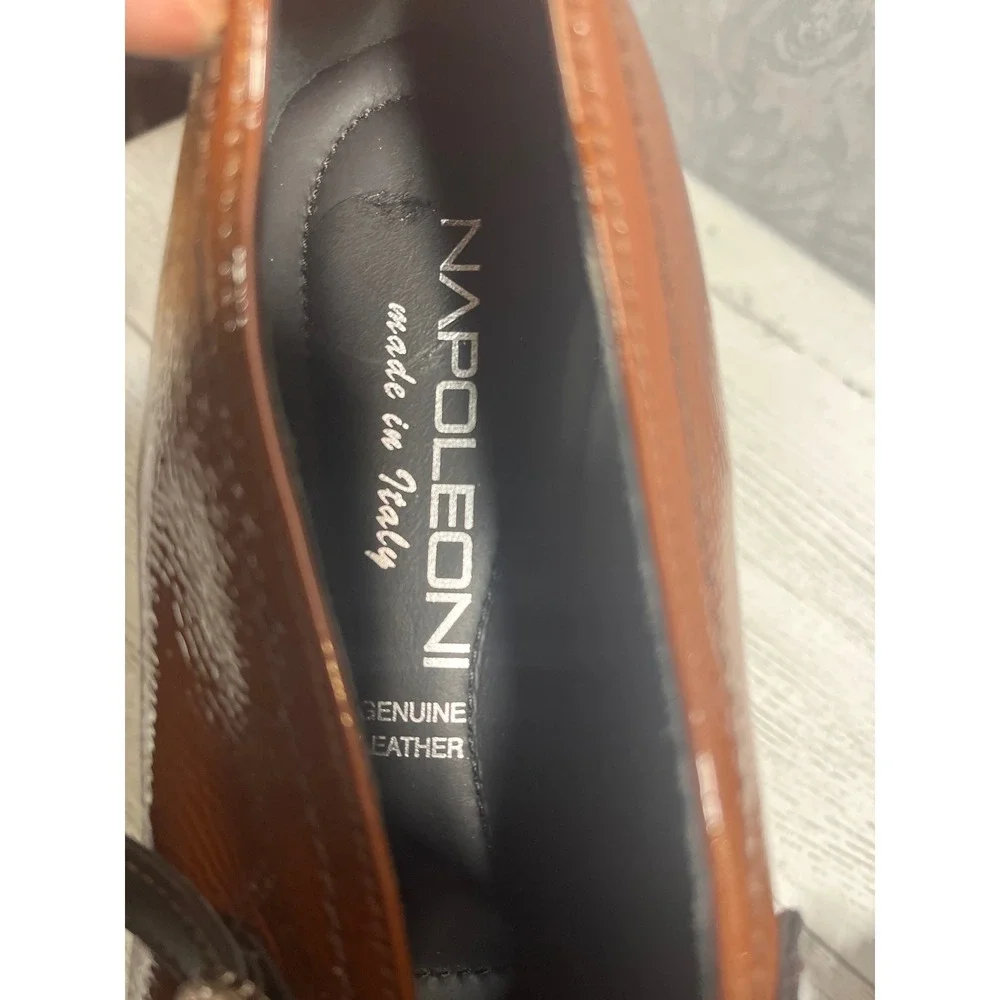 Napoleoni Italian Cognac Patent Leather Mary Jane Flats‎ Rhinestone Buckle SZ 37 - Picture 6 of 7
